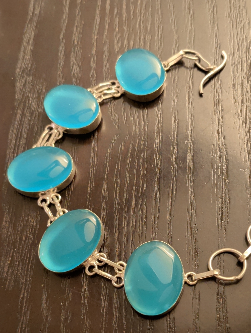 Synthetic Blue Chalcedony Silver Plated Adjustable Bracelet